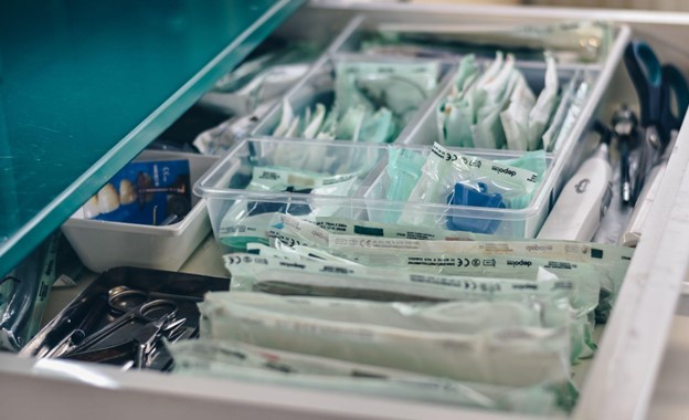 Emergency dentistry items in a drawer